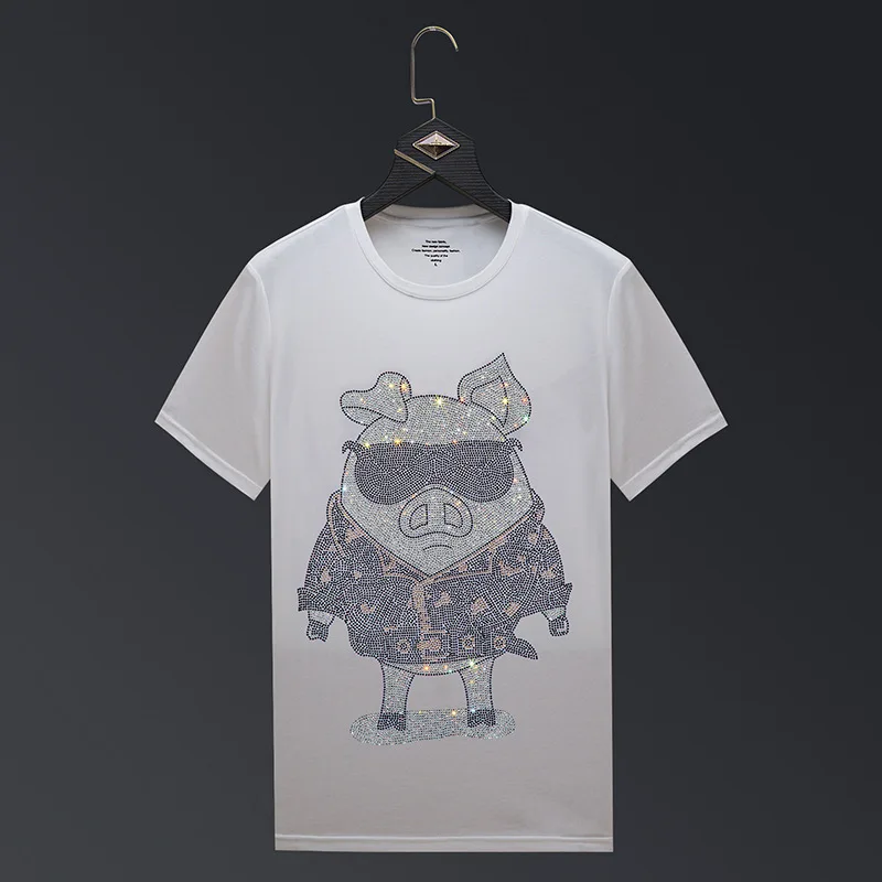 Plus Size 6xl Cartoon Schwein Strass T-Shirt Frauen Kurzarm Tops T-Shirt Mode Streetwear o Hals schlanke T-Shirt Femme