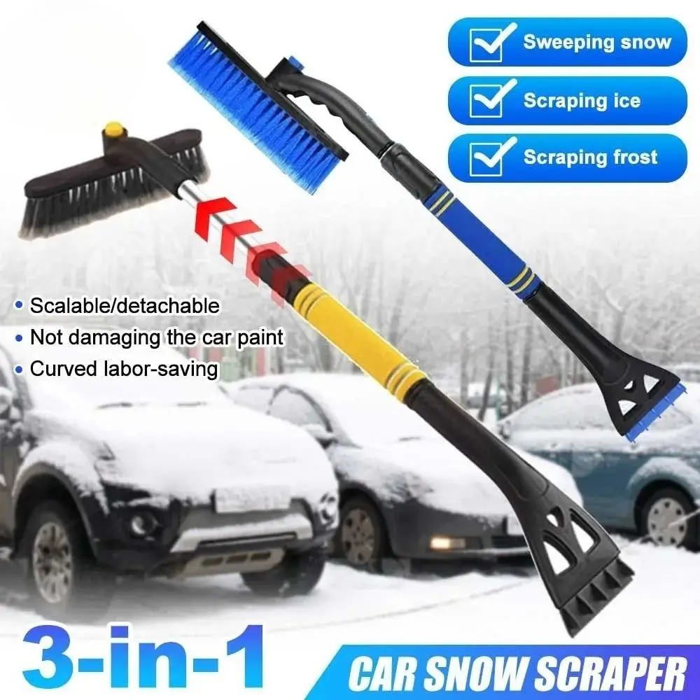Extendable Pole Car Snow Brush Detachable Aluminum Ice Scraper Rotatable Head Three in One Snow Removal Tool Automotive Use