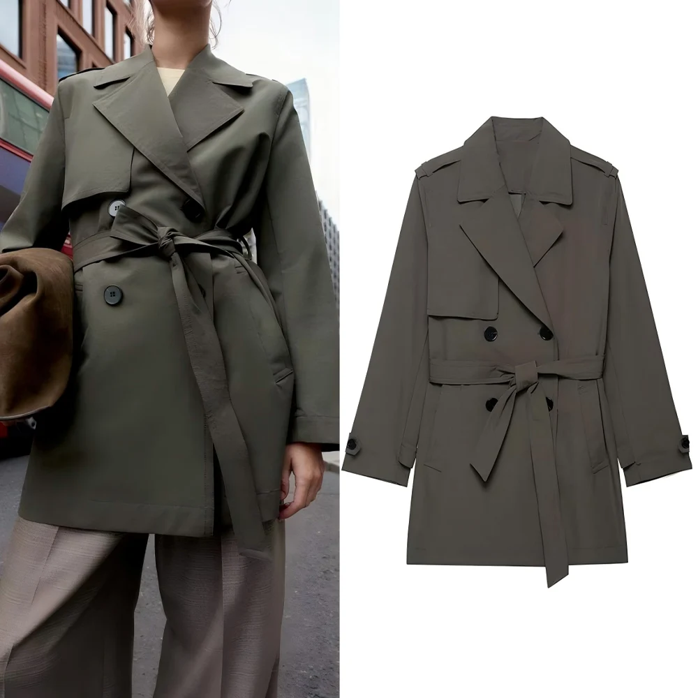 

Women's New Fashion With Belt Casual Windproof Double breasted Windbreaker Coat Retro Long sleeved Women's Coat chic Top