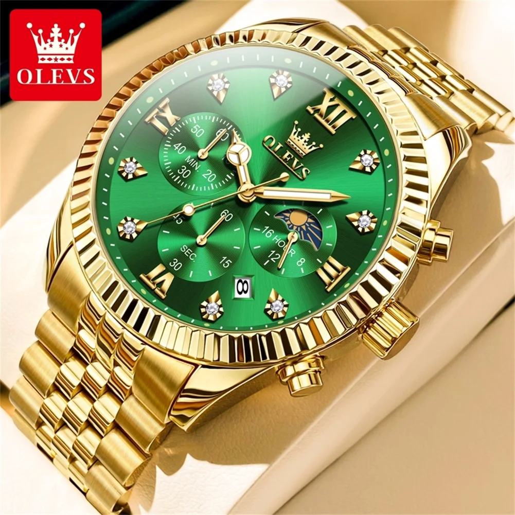 OLEVS Green luxury watch men waterproof quartz watches Stainless steel male watch Dress moon phase watches for men gifts