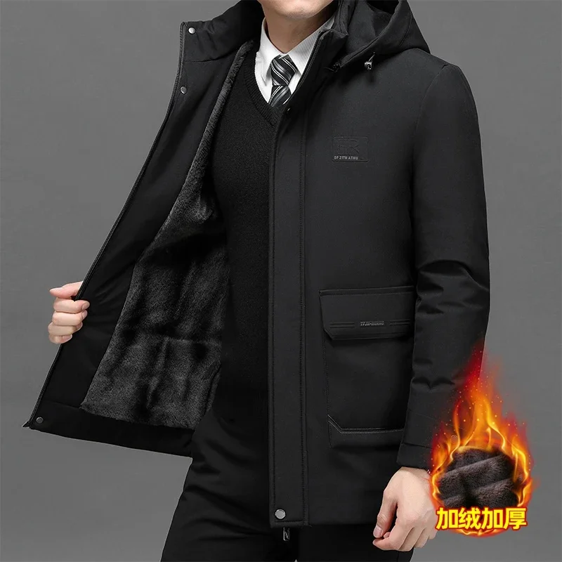 Hooded Fur Collar Coat Male Size 5XL Plush Jacket Autumn Work Outwearing Black 2024 New Men Winter Parka Fleece Lined Thick Warm