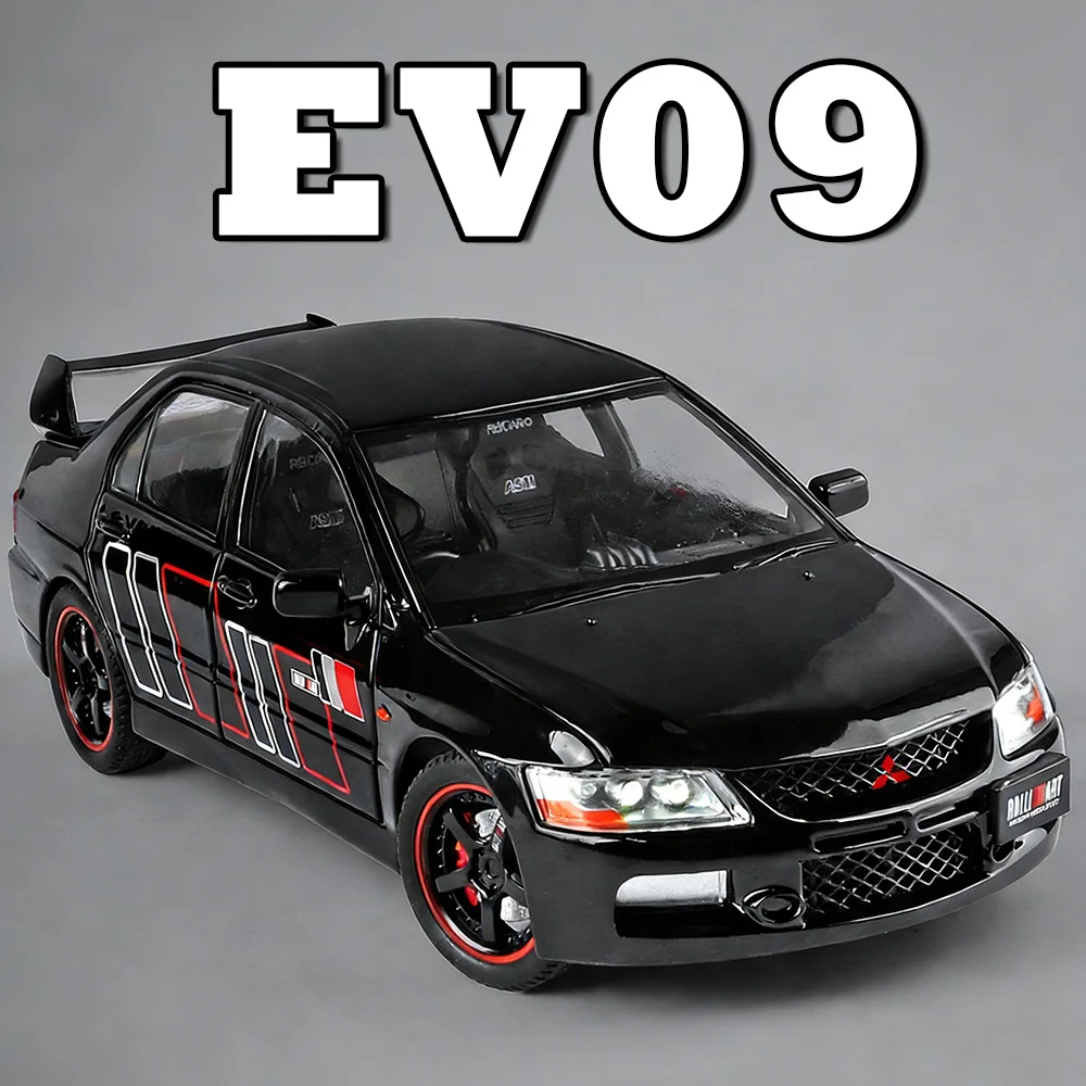 

1:24 Mitsubishi EVO9 GTR R34, легкосплавный спортивный автомобиль, литая под давлением модель переднего колеса, рулевое управление, звуковой свет, тянущий назад, орнамент для автомобиля, подарок