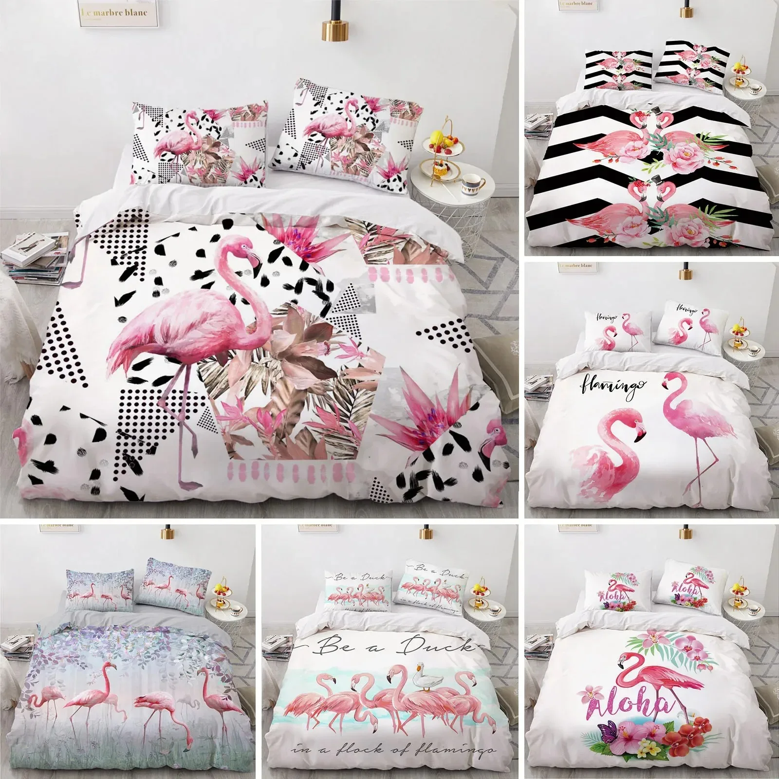 

Flamingo Duvet Cover King Queen 3D Pink Animal Bedding Set for Kids Teens Adults Watercolor Style Quilt Cover with Pillowcase