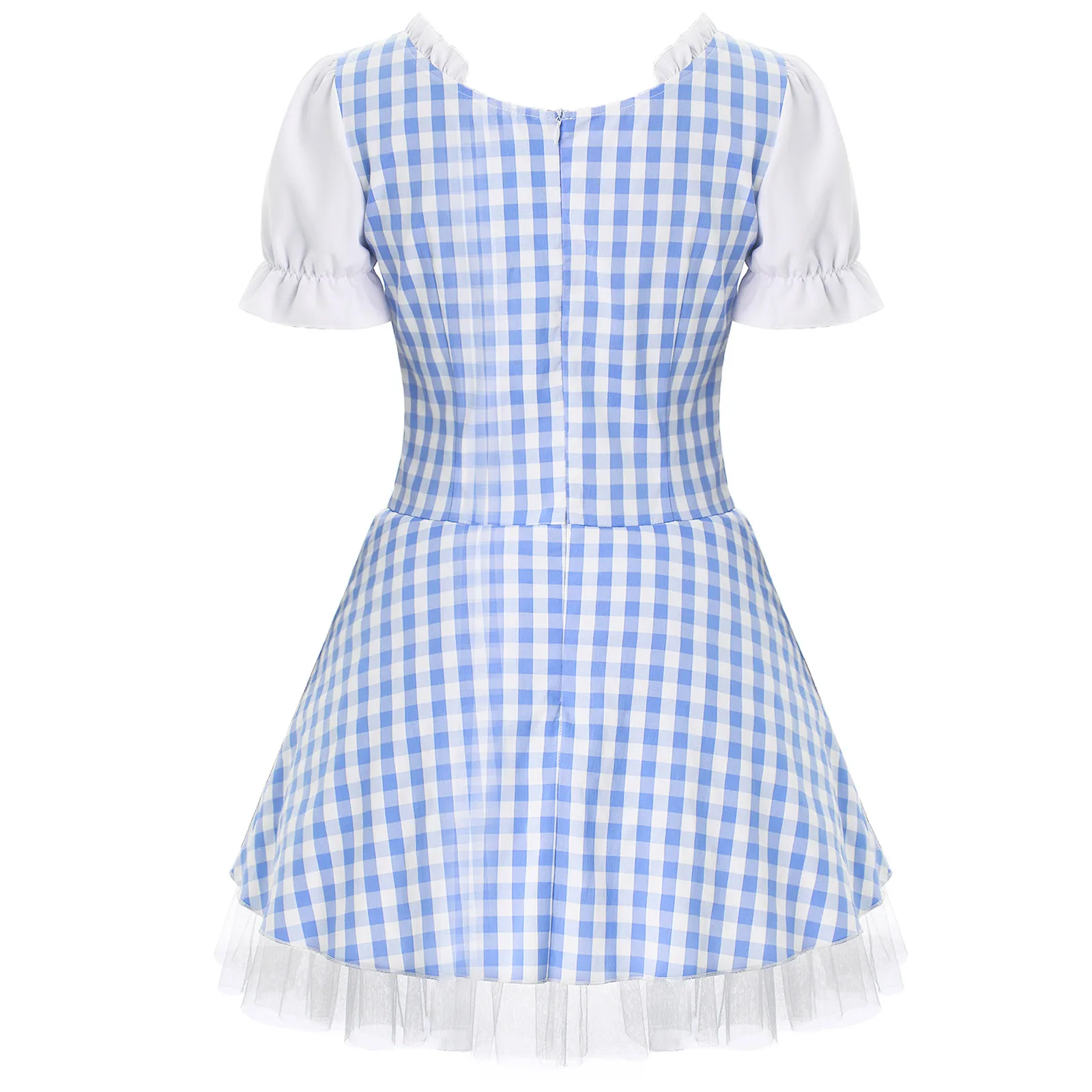 Women Miss Muffet Cosplay Dress Halloween Anime Costume Gingham Mesh Patchwork French Maid Costume Oktoberfest Outfits Dress Up