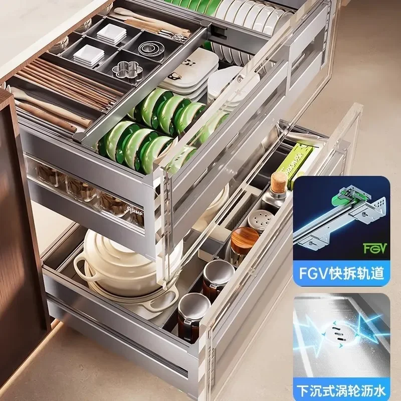 304 Stainless Steel Kitchen Cabinet Pull Out Basket Double Layer Dish Rack Drawer Organizer for Bowl Cup Storage Household