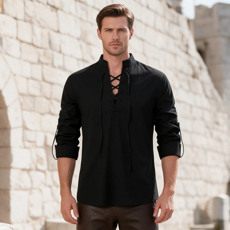 Men Medieval Renaissance Viking Lace‑Up Shirt with Matching Belt, Pirate Roll Sleeve Tunic Top, Halloween LARP Cosplay Shirts