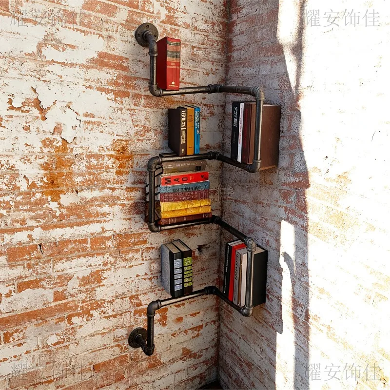 

Старинная железная книжная полка в стиле лофт, деревенская угловая витрина, промышленная настенная полка для хранения, уникальный декор для дома