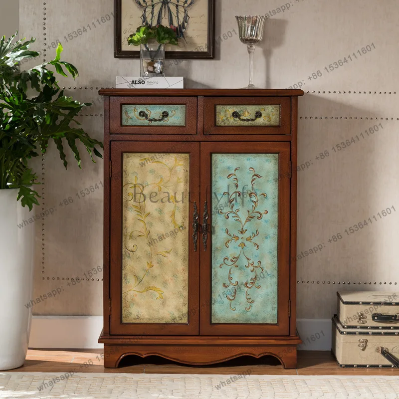 

American all-solid wood porch cabinet large-capacity retro hand-painted locker