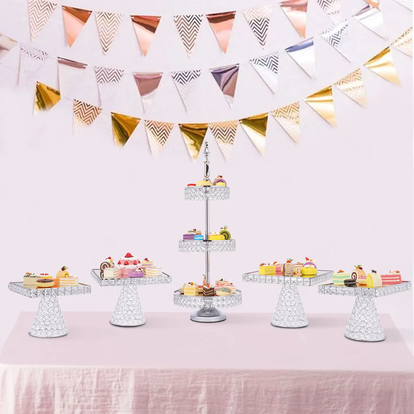 Cake Stands Set, 5-Piece, Silver Plating & Crystal Inlay, Perfect for Wedding Dessert Display