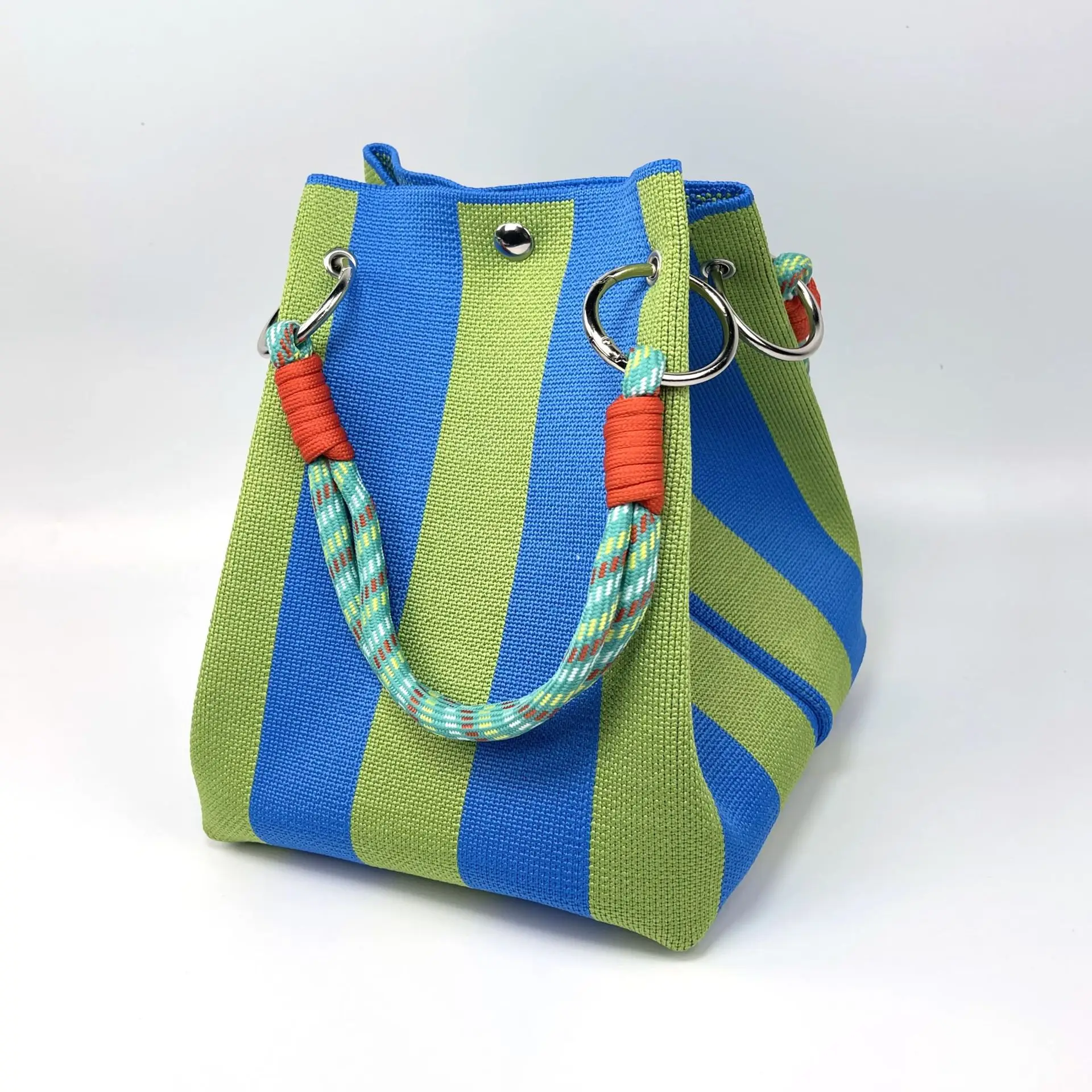 Stylish Striped Handbag Shoulder Bag, Canvas Bucket Storage Tote