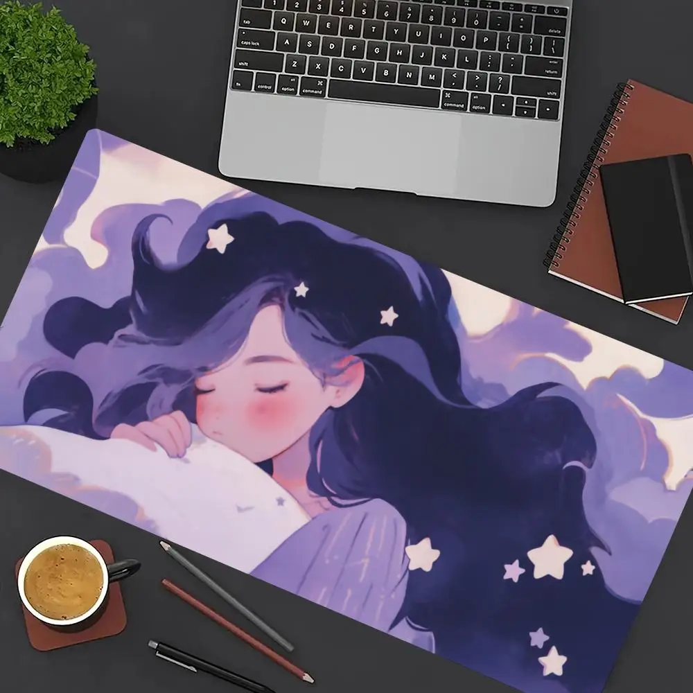 

Cartoon Girl Mouse Pad Purple Large Computer Office Game Table Mat XXL Rubber Anti-slip Stitch Edge Keyboard Mats Long Desk Pads