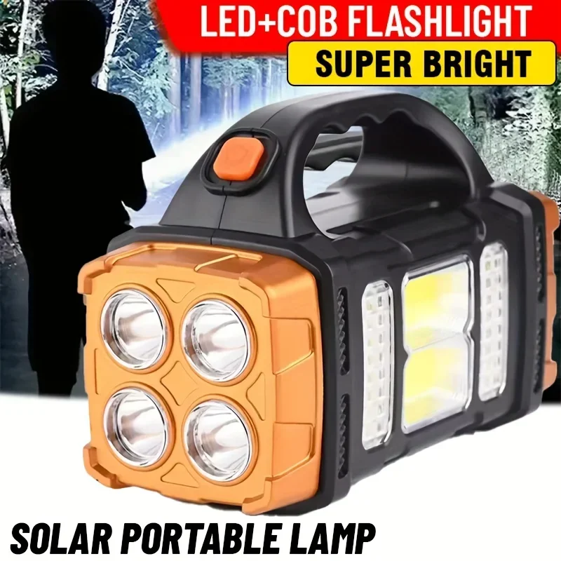Solar Rechargeable Flashlight High Lumen Portable Work Light 4 Modes Power Bank Camping Emergency Light w/COB Side Lamp Outdoor