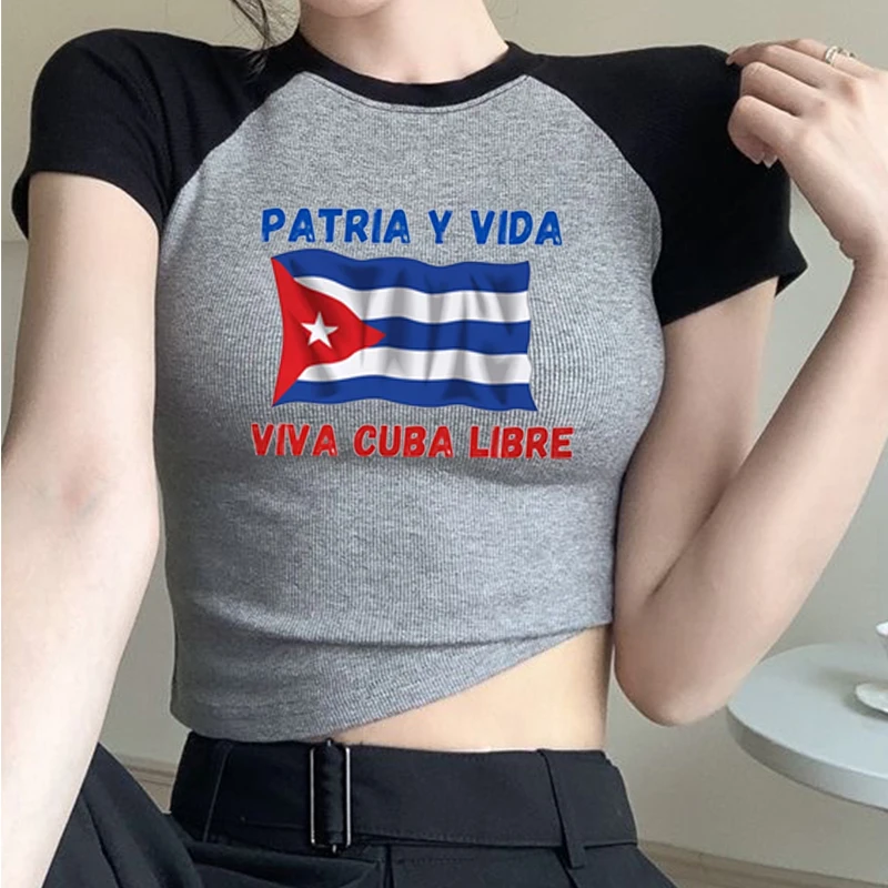 Patria Y Vida Women\'s Cropped Top Cuba Cuban Flag T-Shirt Homeland and Life Patria Y Vida Sos  Viva Cuba Libre Sexy Hot Girl Top