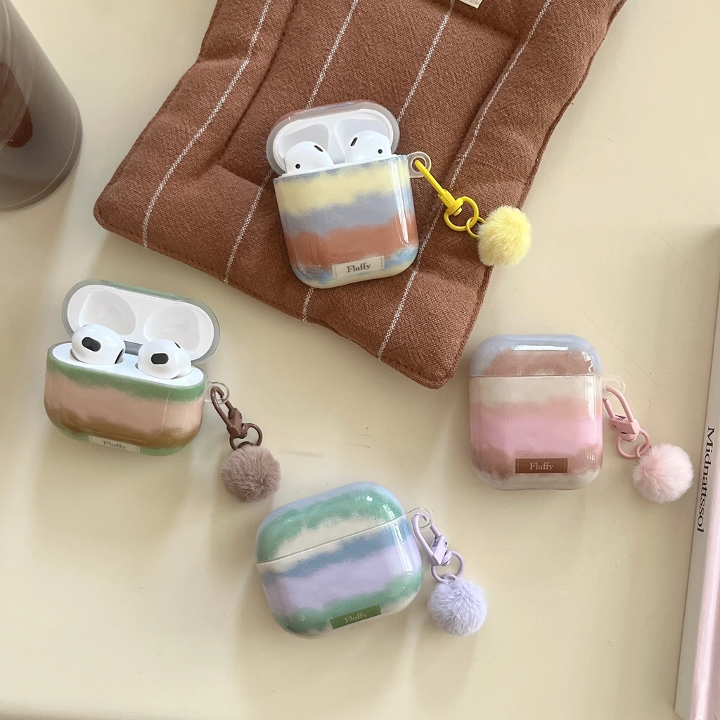 Dopamine Simple Color Collision Stripe Render Hairball Pendant Earphone Case Cover for AirPods 1 or 2 3 4 5 Pro 2 Pro 3