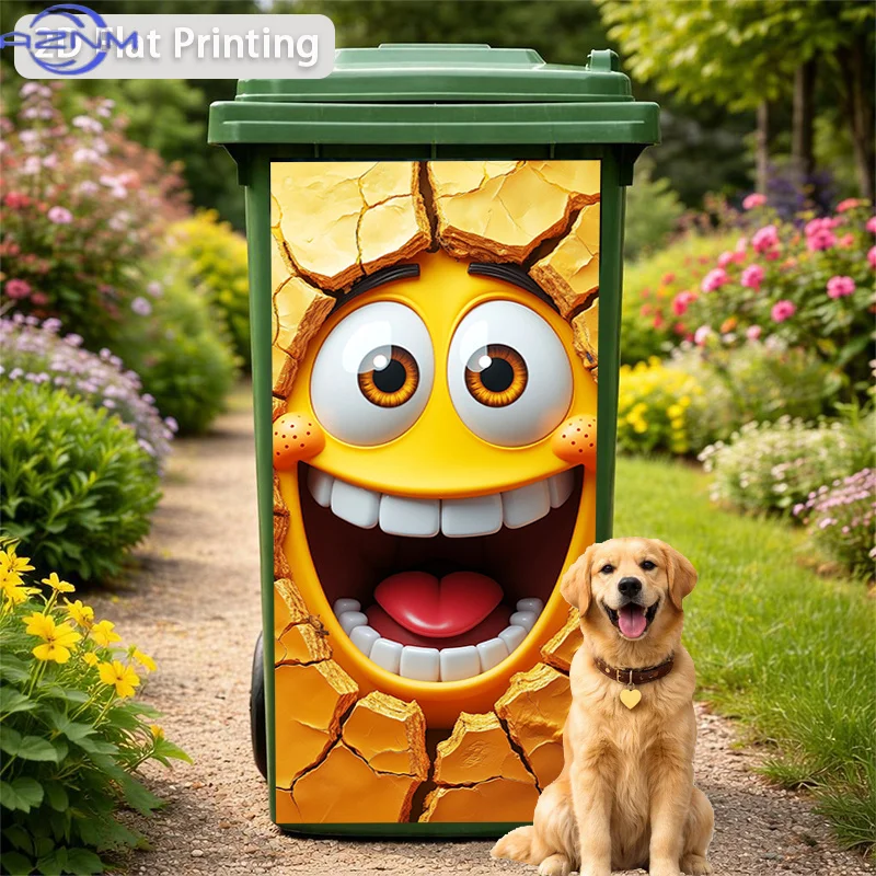 Trash Can Sticker Cracked Wall Crazy Laughing Yellow Face Themed Design, Self-Adhesive Wall Decal Wallpaper for Kitchen Trash