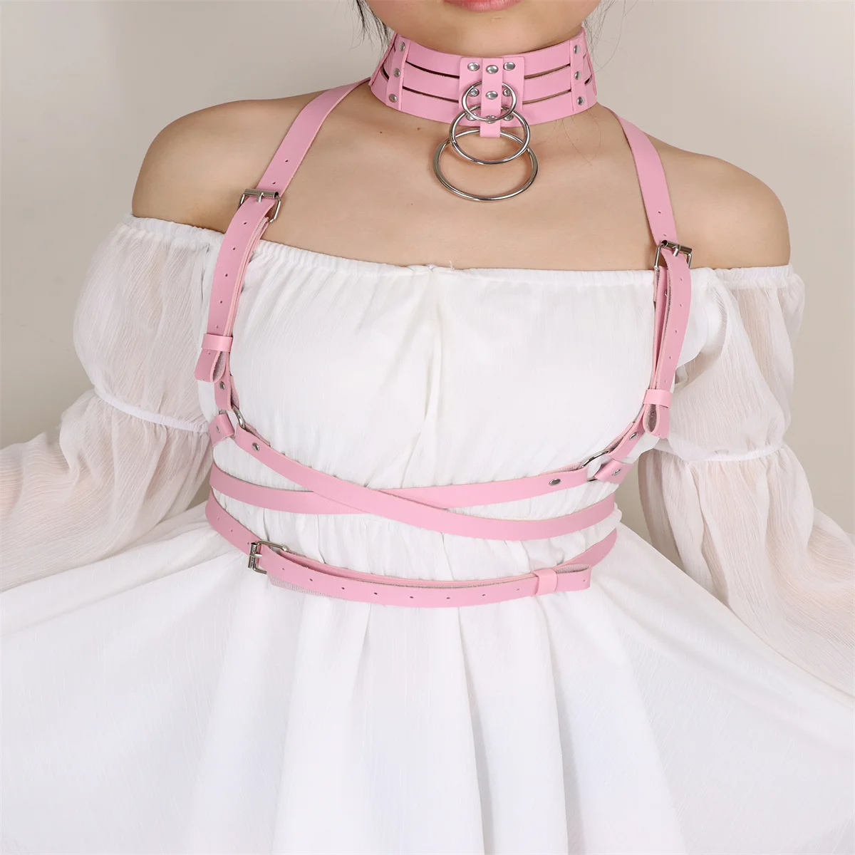 Pu Leather Pink Necklace Collar Women's Backband Punk Belt Sexy Tight Backband Bdsm Chest Cage Gothic Decoration