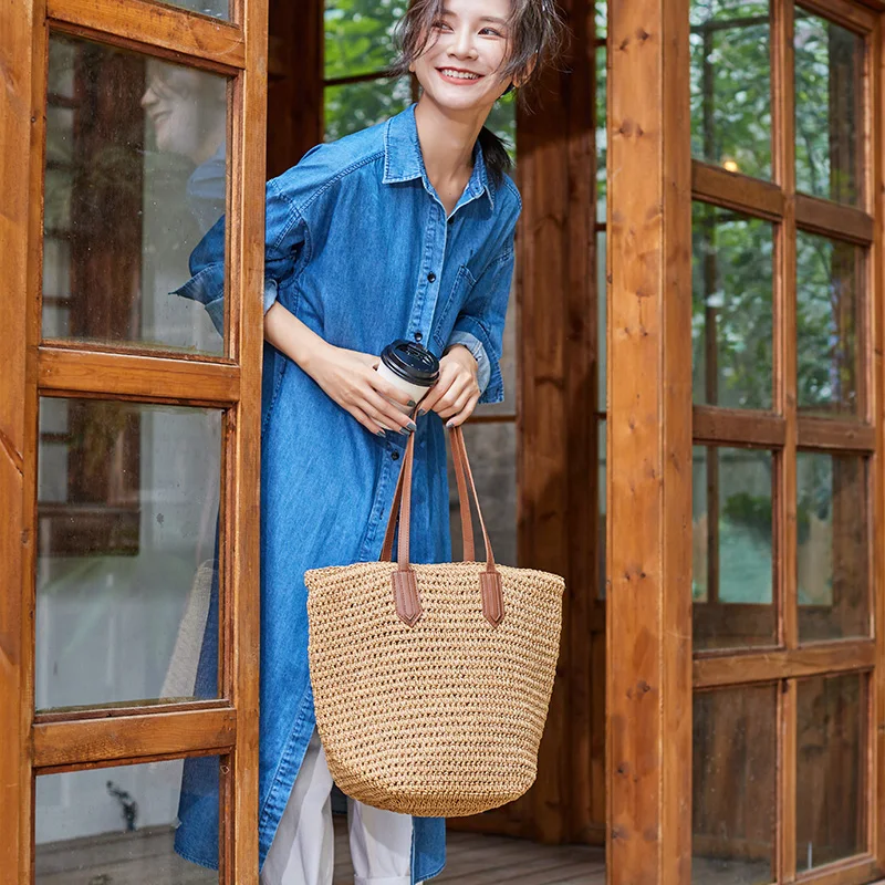 Sac à bandoulière rétro japonais coréen tissé à la main, sac seau de grande capacité à fermeture éclair tissé à l'herbe, sac de loisir littérature Art