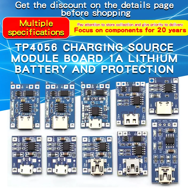 

5PCS TP4056 5V 1A Micro USB 18650 Type-C lithium Battery Charging Board Charger Module With Protection Dual Functions