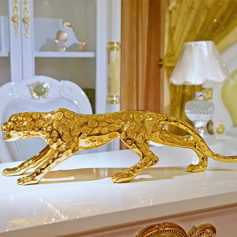 Resin Crafts For Home Office Decoration High Quality Shiny Plating Gold Silver Leopard Statue JE-005