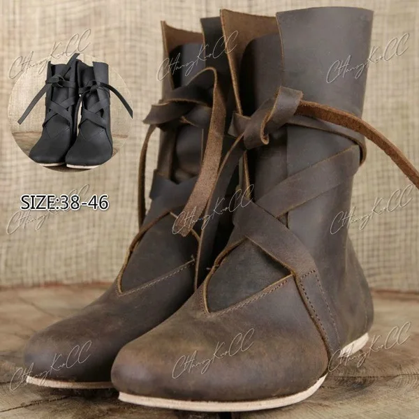 

Medieval Women Elf Princess Noble Lace Up Single Shoes Carnival Men Knight Prince PULeather Boots Prop Halloween Cosplay Costume