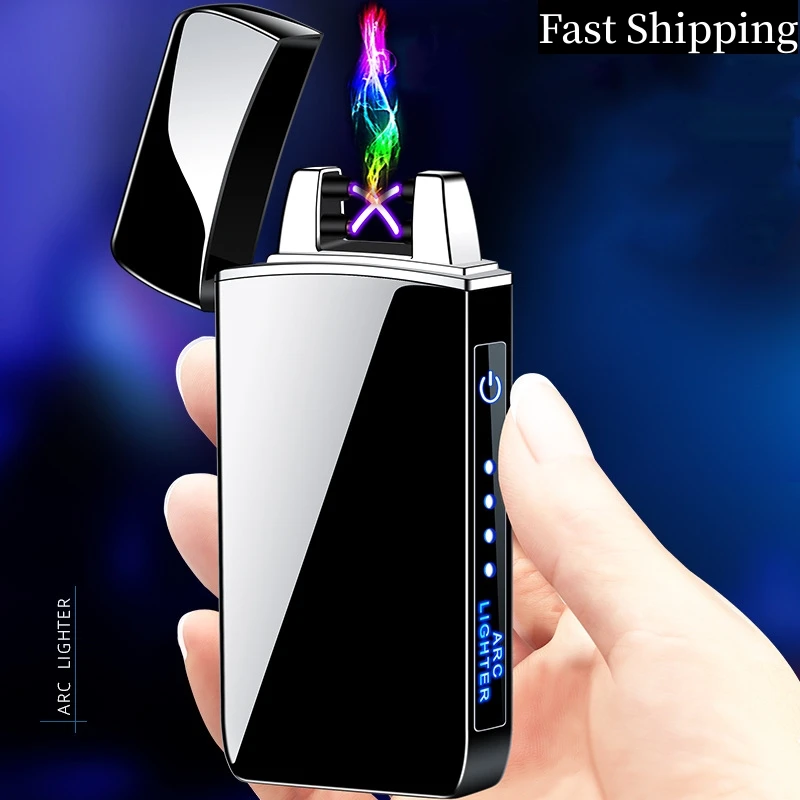 

Electric Windproof Metal Lighter Dual Arc Flameless Plasma Pulse Charging USB Lighter LED Power Display Touch Sensing Lighter