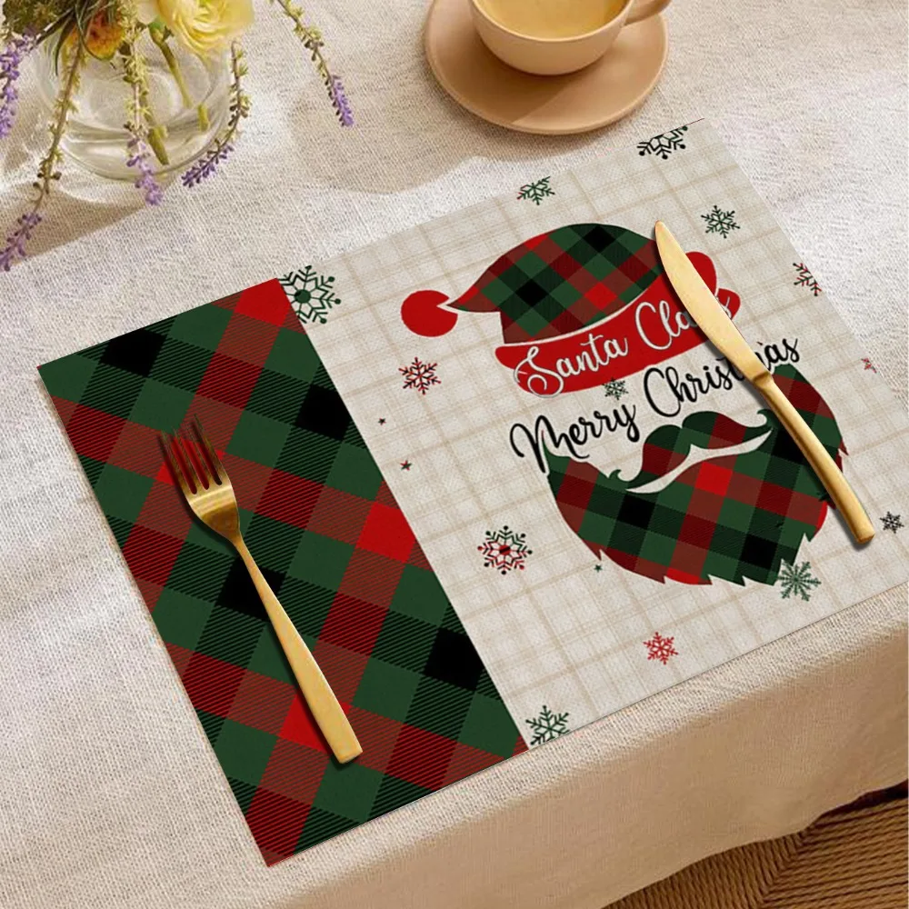 Christmas Santa Claus Xmas Table Mat Red Green Plaid Candy Festive Placemat for Holiday Table Christmas Dinner Party Decorations