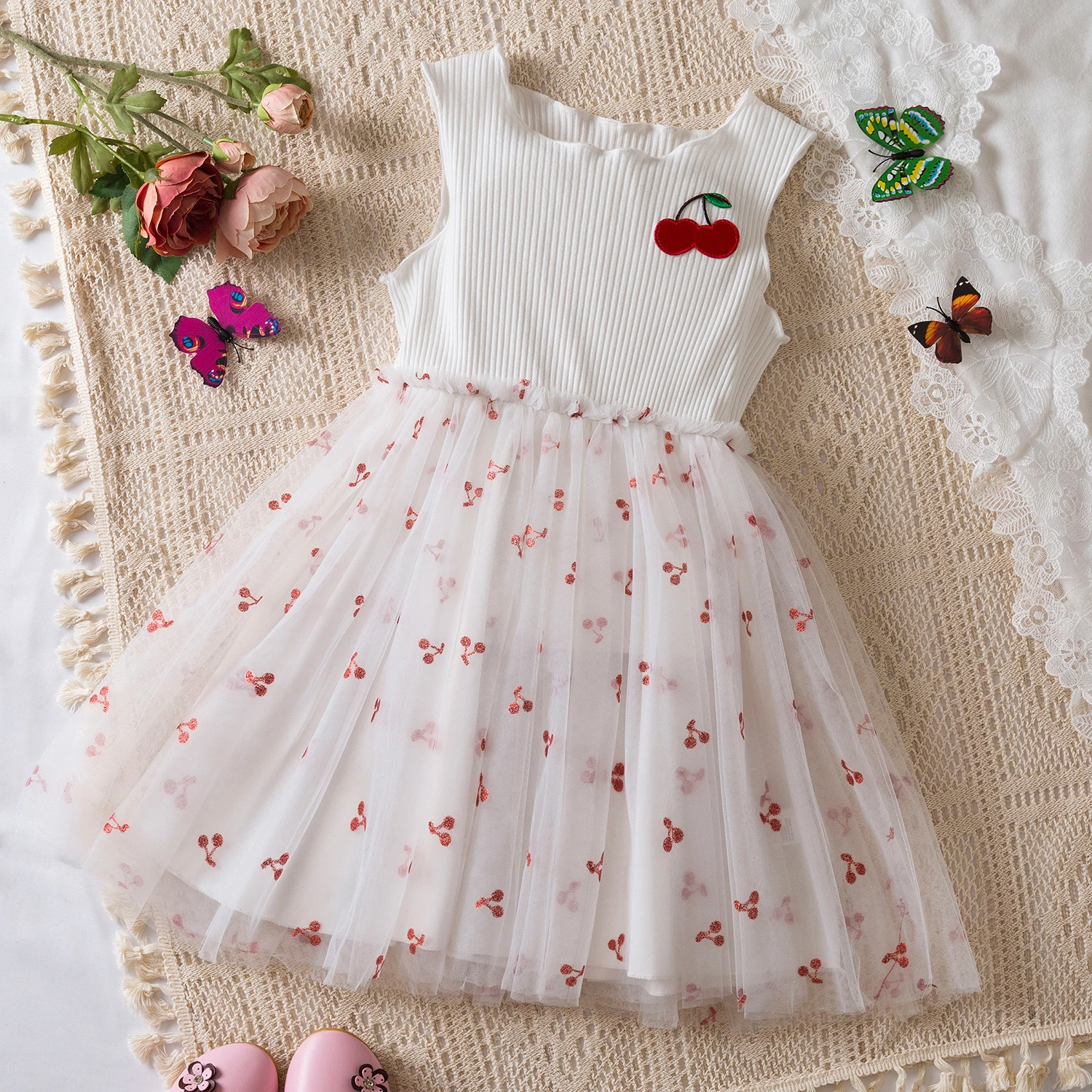 Summer Baby Girl Dress Girl\'s Embroidered Cherry Round Neck Sleevesless Princess Dress Fashion Children\'s Birthday Party Clothes