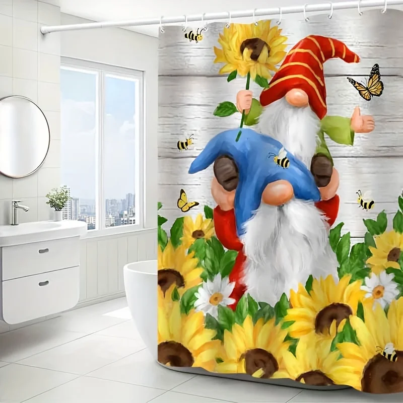 1pc Sunflower Dwarf Shower Curtain - Anti-Fog Bathroom Curtain with Hooks, Whimsical Fantasy Design Featuring Cheerful Dwarfs, S