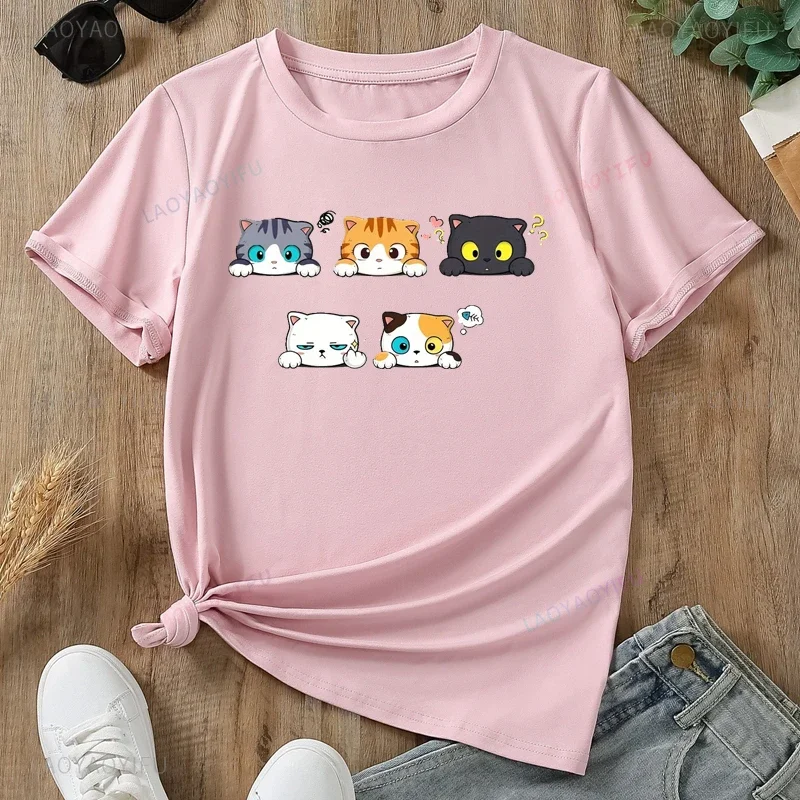 Summer Women's Shirt Basic Porter Cat Round Neck Short Sleeve Harajuku Style Fashion Casual Women's Everyday Cotton T-shirt