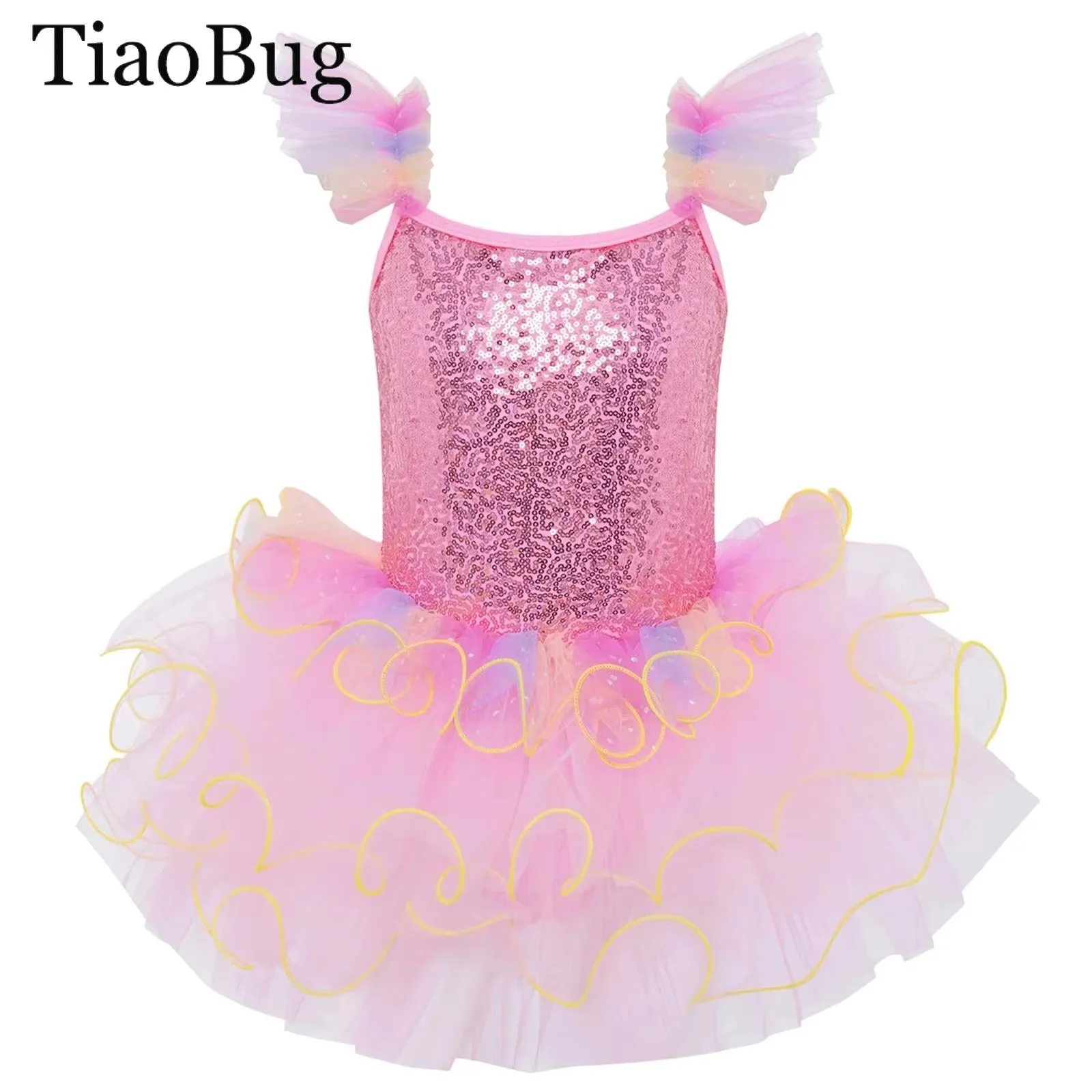 

Kids Girls Ballet Dance Dress Gymnastic Leotard Ruffle Sleeves Sequin Bodice Layered Tulle Dress Ballerina Performance Dancewear