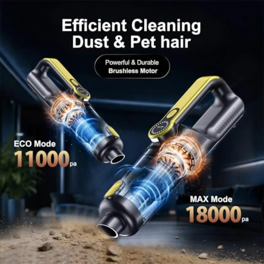 Car interior vacuum cleaner: 18000Pa cordless handheld, ABS plastic body, black color, 35-min runtime with LED light LCD screen