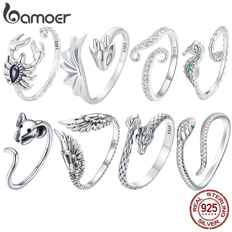 Bamoer Original 925 Sterling Silver Scorpion Snake Ring Dragon Wings Mouse White Gold For Women Party Gift Fine Jewelry New Year