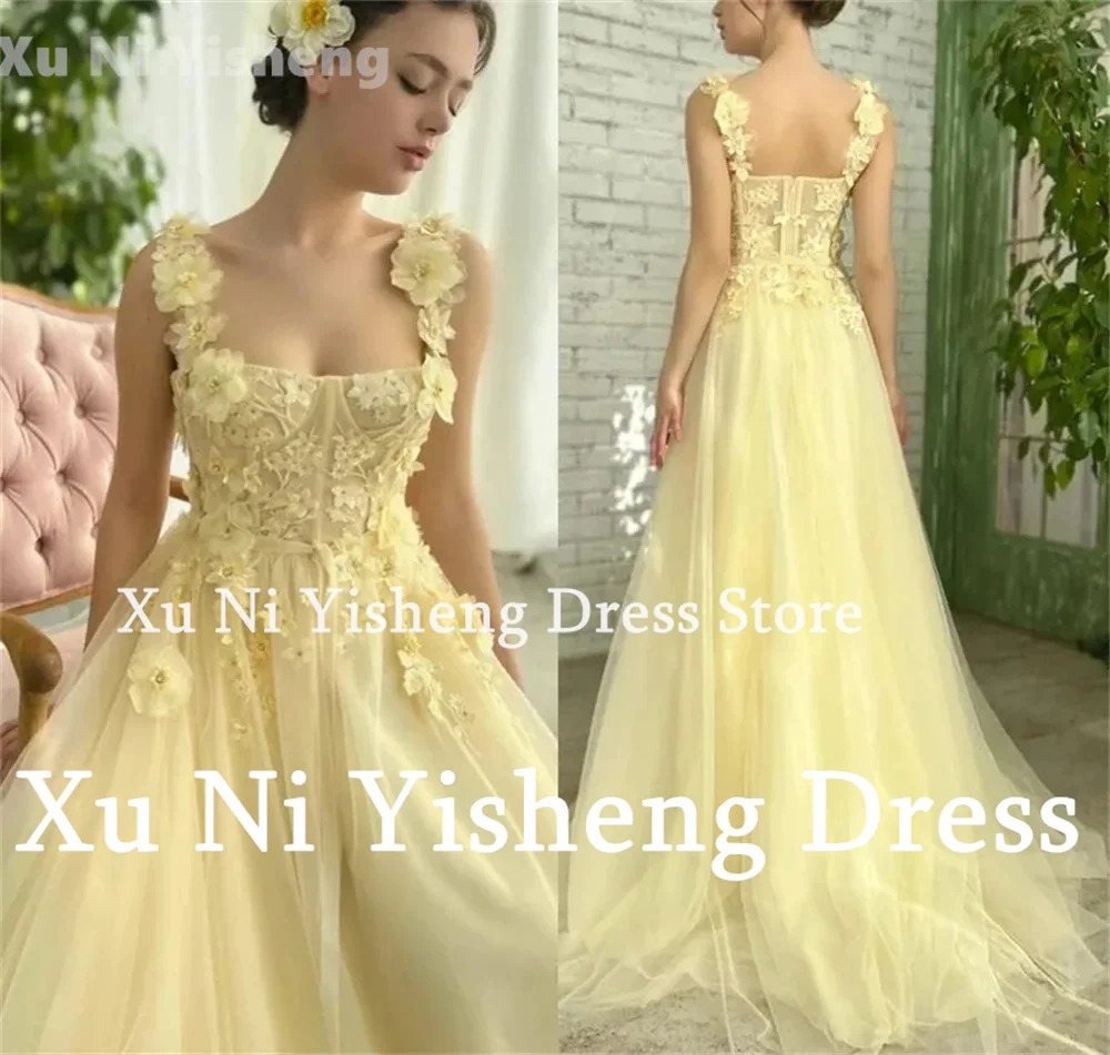 2024 New Prom Dress Slip Straps Light Yellow Wedding Dress A-Line Tulle Flowers Appliques Bridal Gown Formal Evening Party Dress