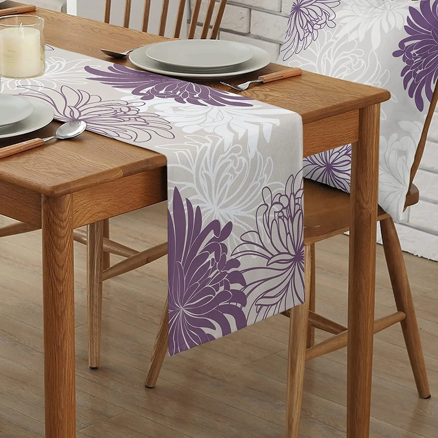 Dahlia Pinnata Flower Purple Linen Table Runner Wedding Decoration Washable Dining Table Runner for Birthday Party Kitchen Decor