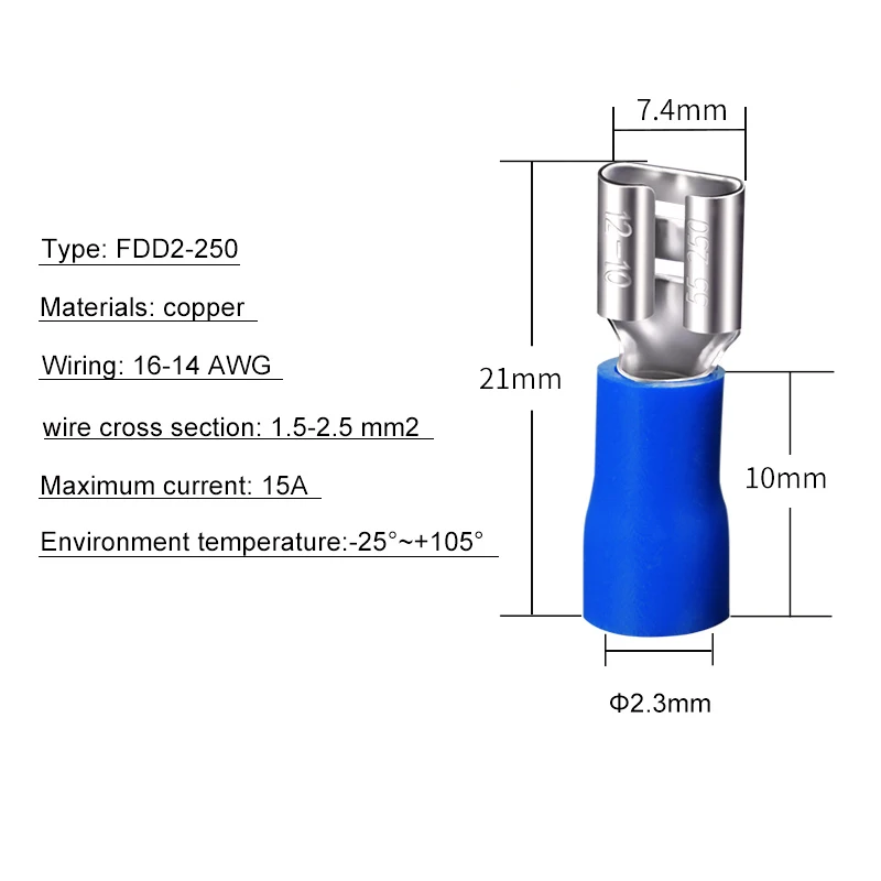 Terminal hembra de crimpado eléctrico aislado, Conector de Cable, 100 piezas, FDD, 1,5-2,5 mm2