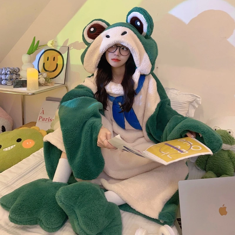 Winter Frosch Pyjama Cosplay Cartoon Bodysuit Frosch Flanell mittellanges Nachthemd Home Kleidung Mädchen niedlich warm lose Kapuze Outfit