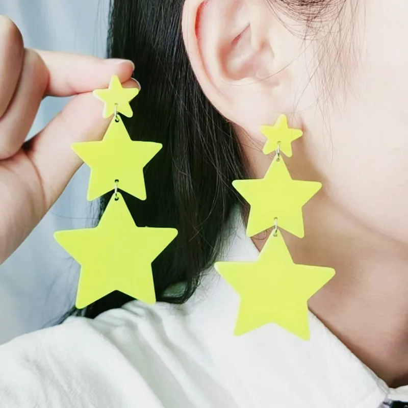 Three Stars Spray Paint Earrings Long Section Sweet Cool European and American Fashion Five-pointed Star Acrylic Women Jewelry