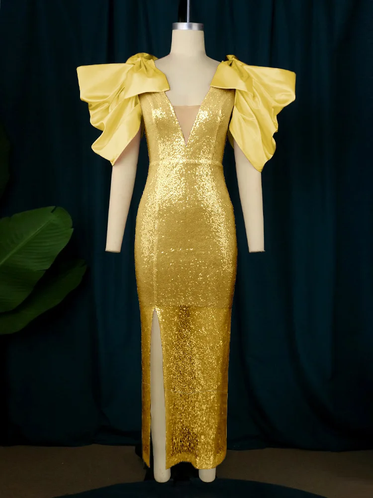 Plus Size Formal Dress for Women V Neck Ruffle Cap Sleeve Mermaid Evening High Split Prom Wedding Guest Bodycon Maxi Dress