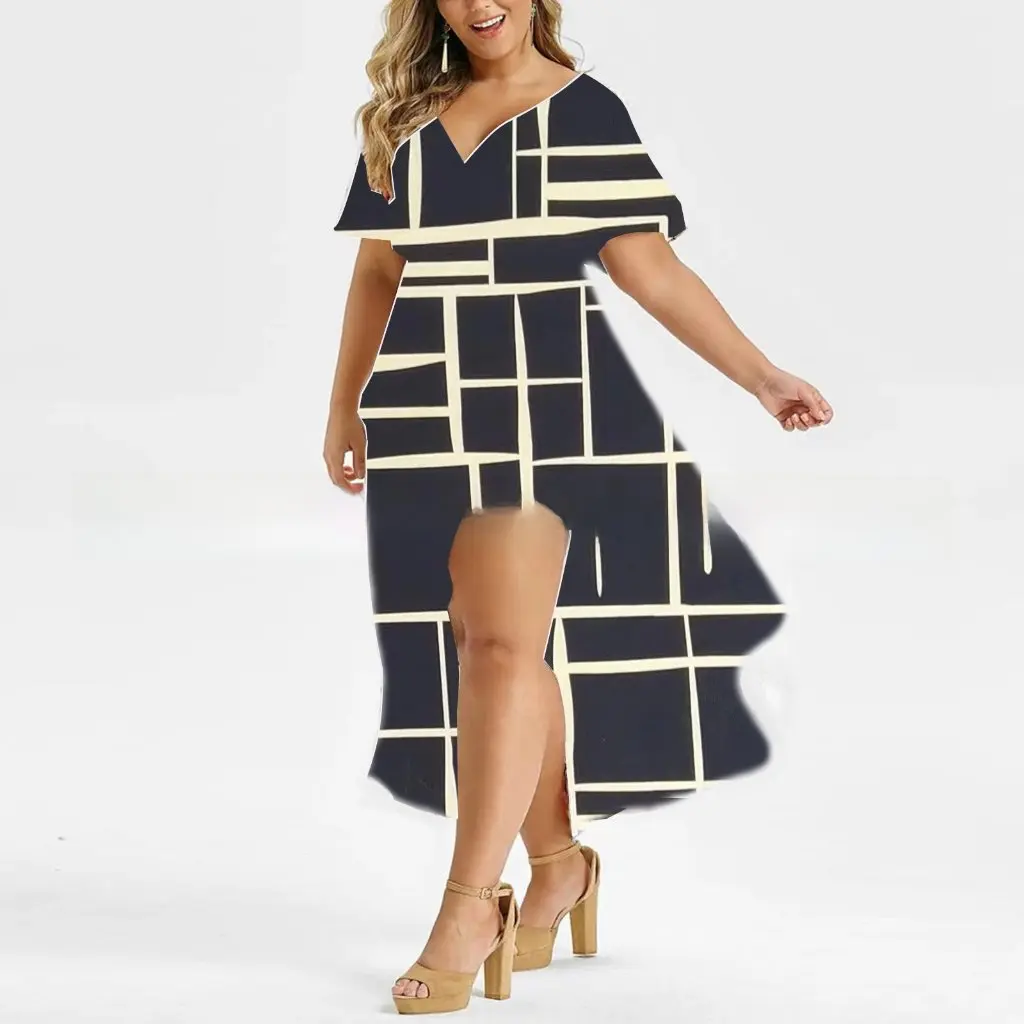 Spring Summer Large Size Women's Printed Hem Slit Irregular Dress European And United States Style Casual Elegant Design