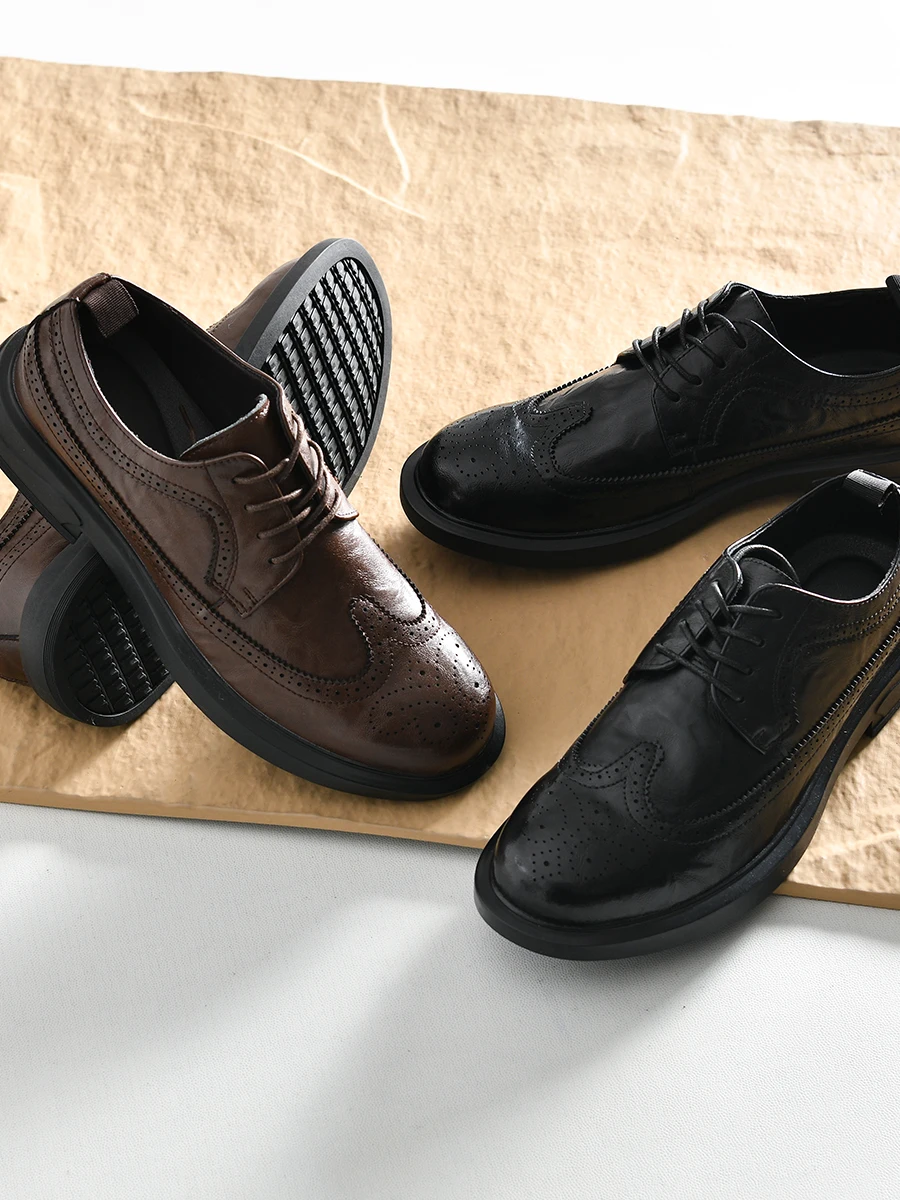 Retro High Quality Smooth Top Layer Cowhide Men's Spring Fashion Commuting Casual Carved Leather Shoes Breathable round Toe