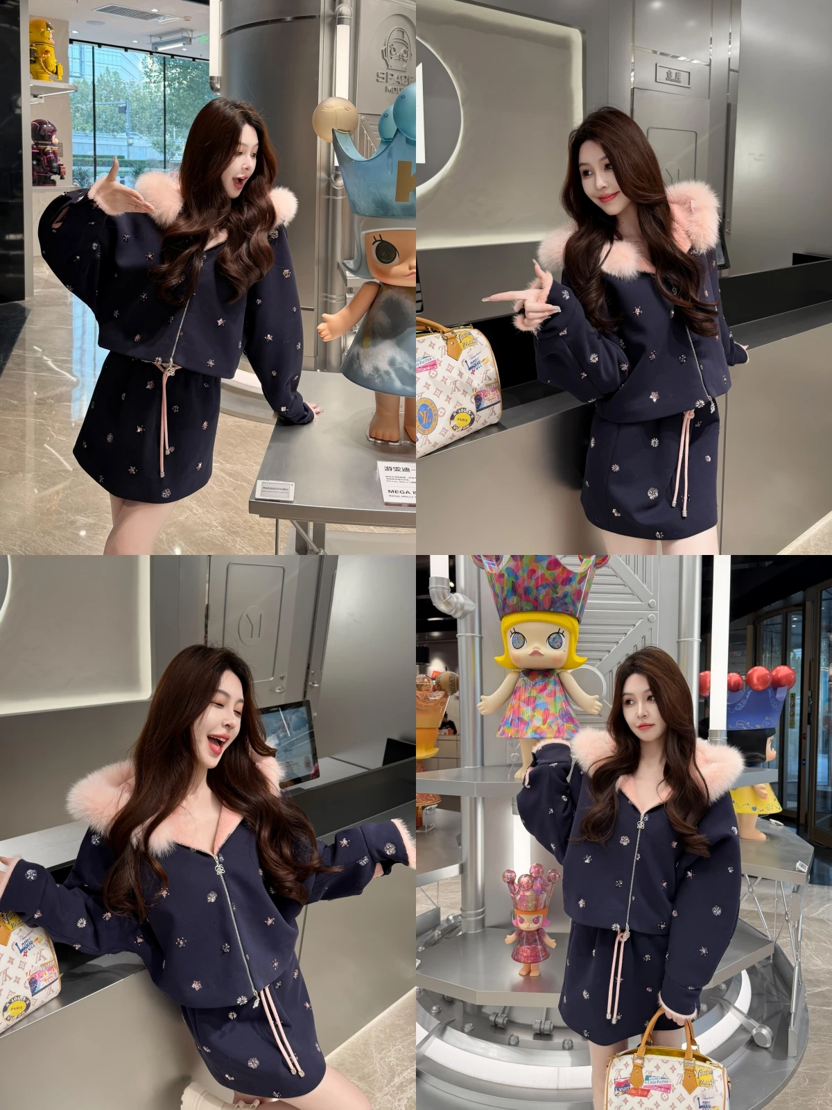 

Комплект из двух предметов: свободная куртка с капюшоном и юбка, с отстегивающимся меховым воротником и вышивкой пайетками, повседневный стиль, осенняя женская одежда