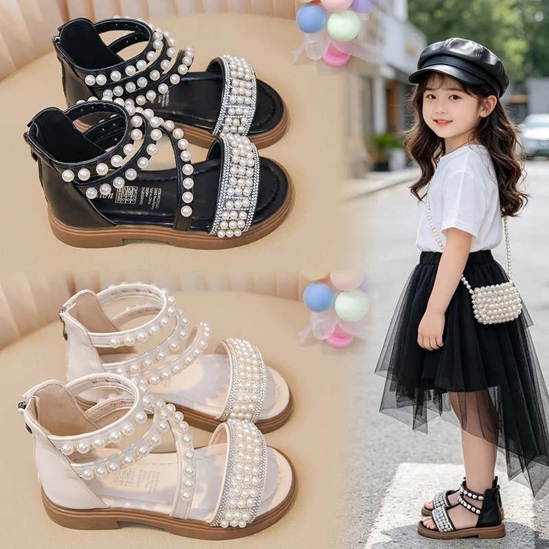 JGSHOWKITO Girls Gladiator Sandals with Pearls Beading Zipper Princess Kids Flat Summer Beach Shoes High Top Open Toes Soft Chic