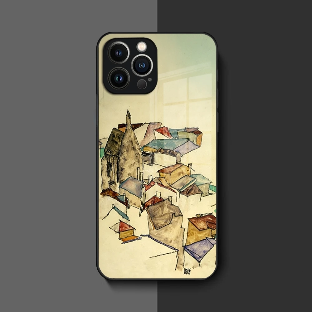 Egon Schiele Art Phone Case for Iphone 16 15 14 12 11 13 Pro Max Mini 8 X Xr Xs Puls Black Glass Cover