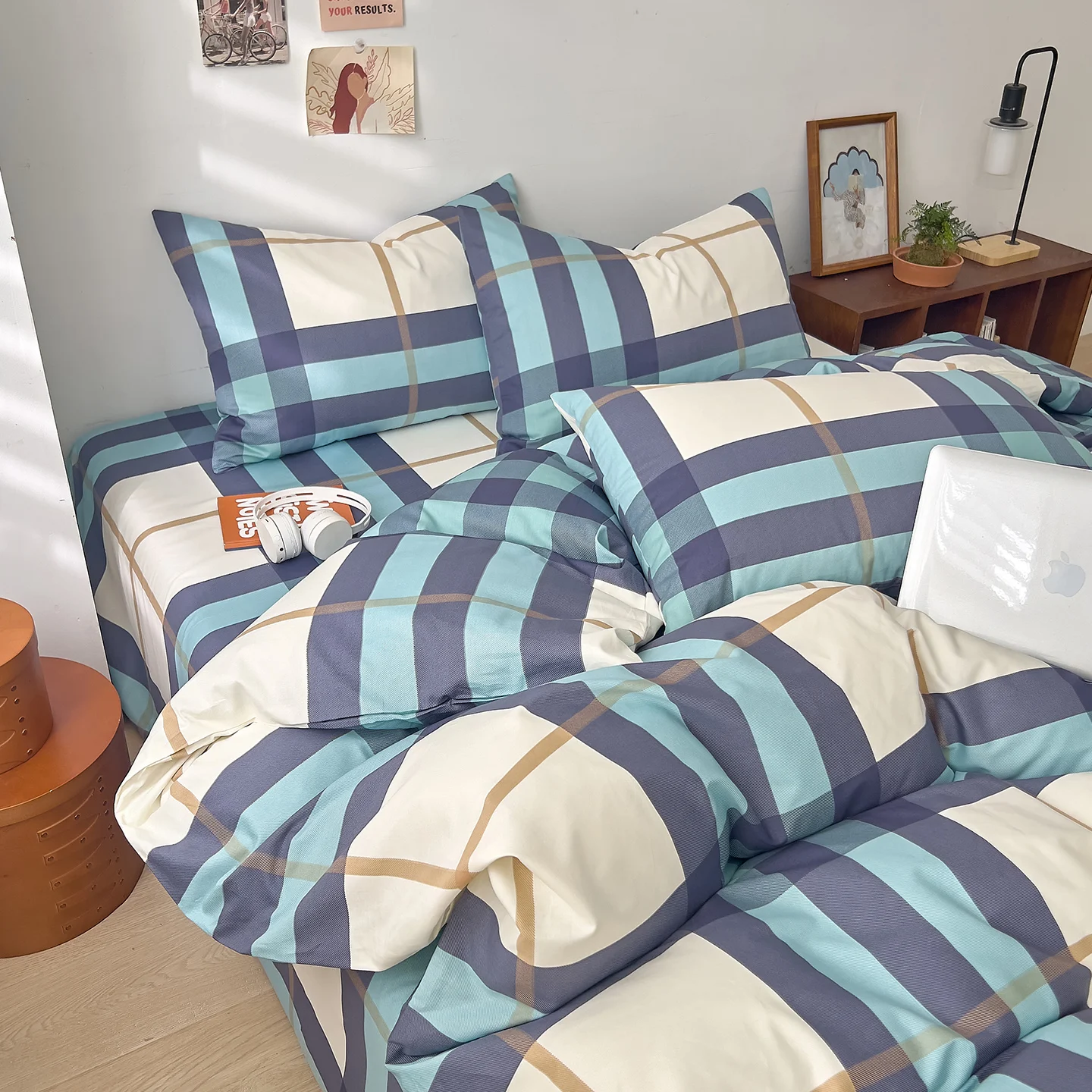 

1 шт., хлопковый мягкий пододеяльник 150x200, синие клетчатые пододеяльники, размер Queen/King, домашнее постельное белье roupa de cama (без наволочки)