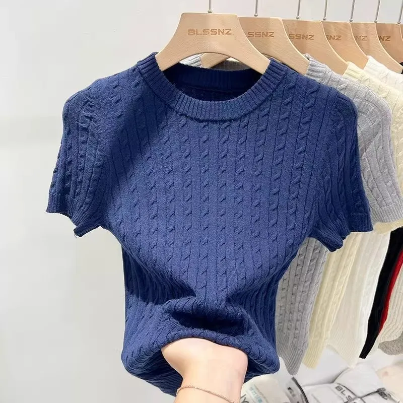 Zjaiss 2026 Summer Korean Retro Elegant Texture Short Sleeve O-Neck Twist Knit Top Women Soft Casual Versatile Thin T-shirt