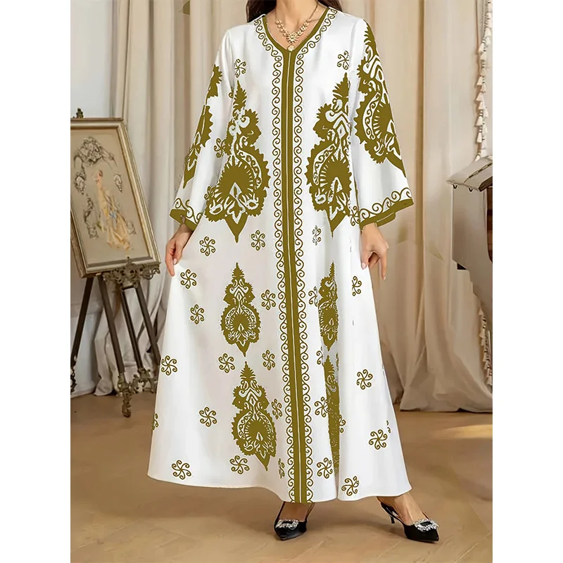ชุดยาว Abayas ผู้หญิง Eid มุสลิมชุด Bronzing พิมพ์ V คอ Jalabiya อาหรับโมร็อกโกดูไบ Kaftan 2025 Vestidos Ramadan Robe