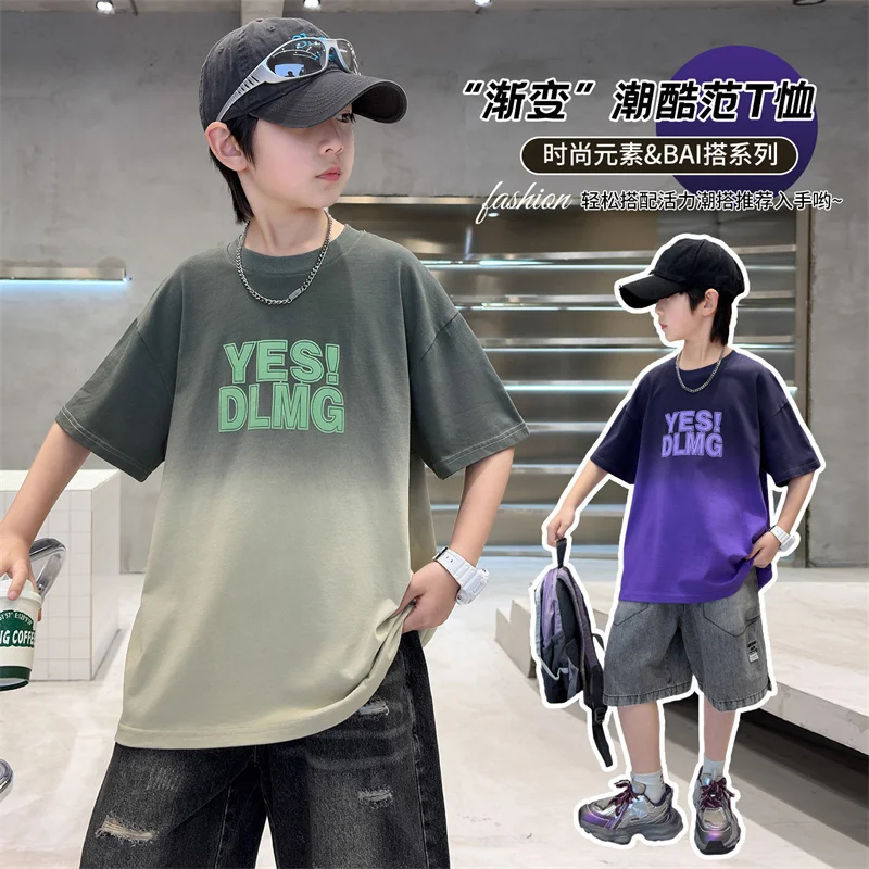 Kids Toddler Boy Summer T-Shirt Letter Pattern Tie-dye Round Neck Short Sleeve Street Fashion Tee for Little Boy Size 4-14 Years