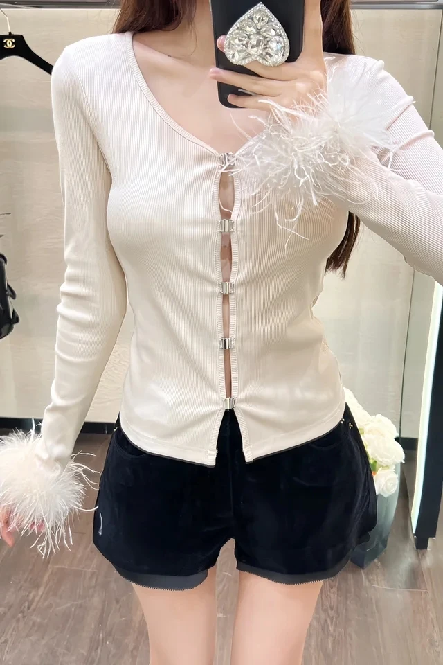 2024SS Spring Summer Luxury Women V Neck Feathers Long Sleeve Slim T-Shirt Female Chic Tank Tops 2 Color