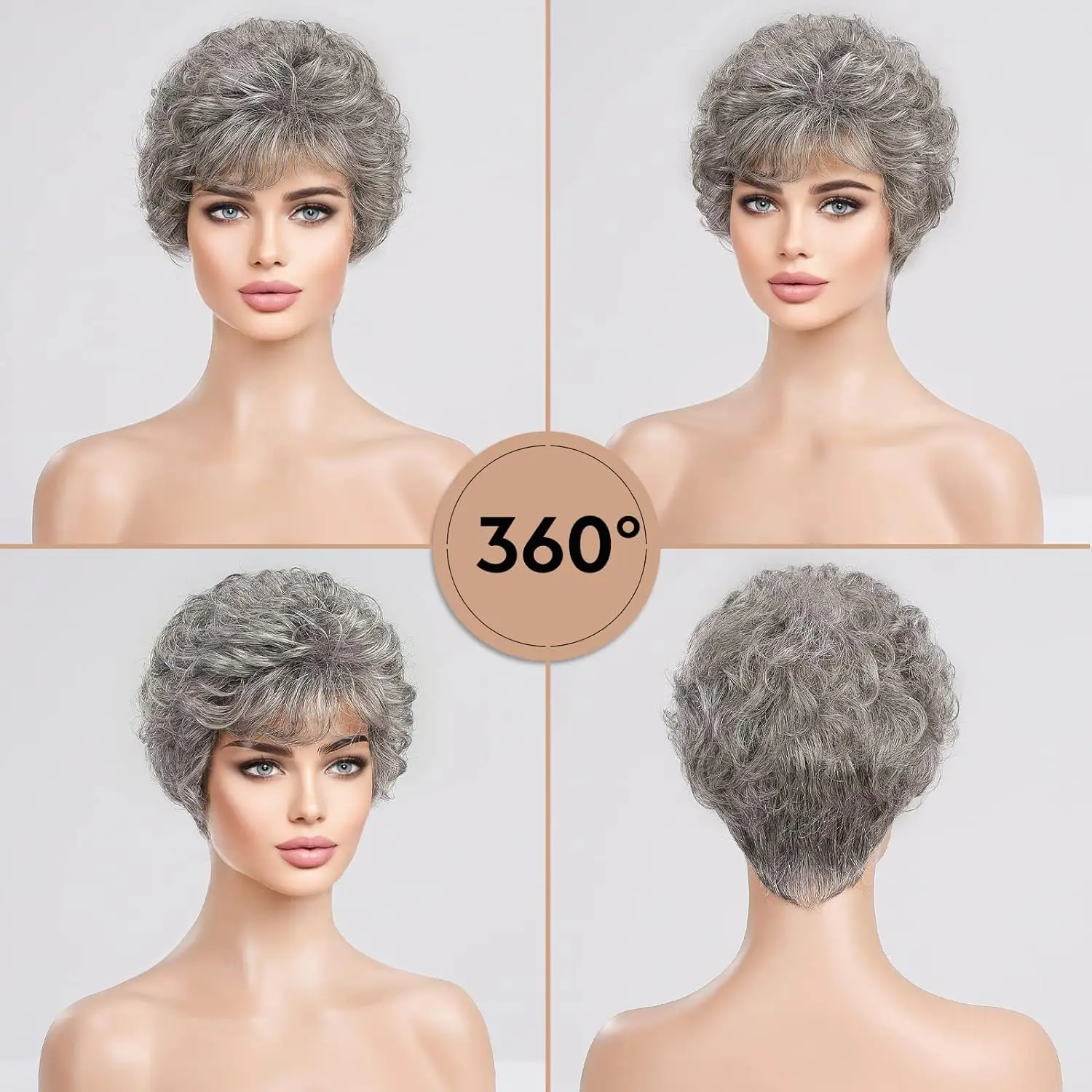 Human-hair Like Texture Gray Wigs for Women Momy Short Silver Gray Wavy Curly Wigs for Women Grey Layered Pixie Cut with Bangs