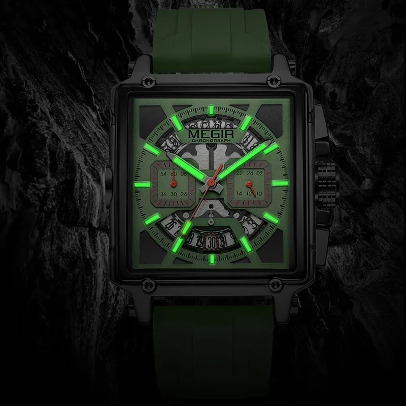 MEGIR 2233 Fashion Silicone Strap Luxury Square Watch Men's Watch Disc Quartz Chronograph Calendar Waterproof Watches for Men